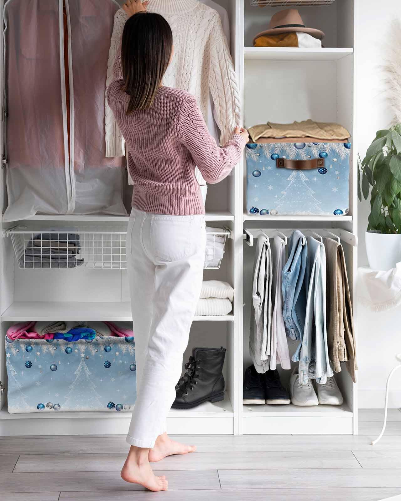 Large Collapsible Storage Bins with Handles - Christmas Tree Silver Leaves Snowflake Design on Blue Fabric, Xmas Ornament Storage Basket Cube Organizer for Shelves, Closet, Nursery (2-Pack) - Perfect for Holiday Decor Storage, Kids Toy Organization & Home Clutter Control