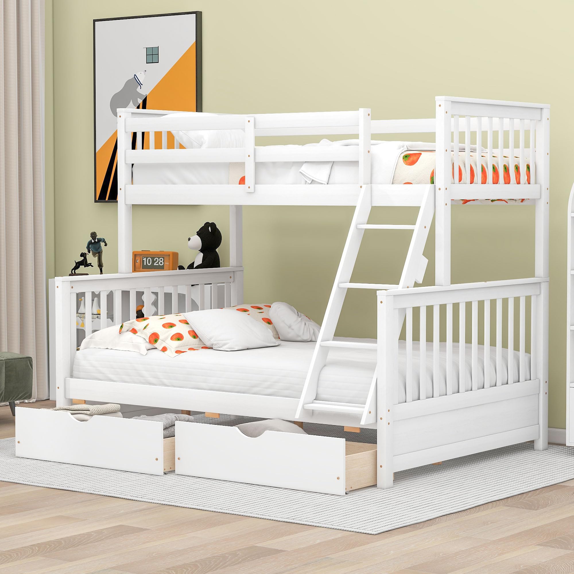 Merax Convertible Wood Bunk Bed with Ladders & Storage Drawers - Twin Over Full Size, Solid White Wood Detachable Frame | Space-Saving Kids Bedroom Furniture for Small Rooms, Guest Rooms & Vacation Homes