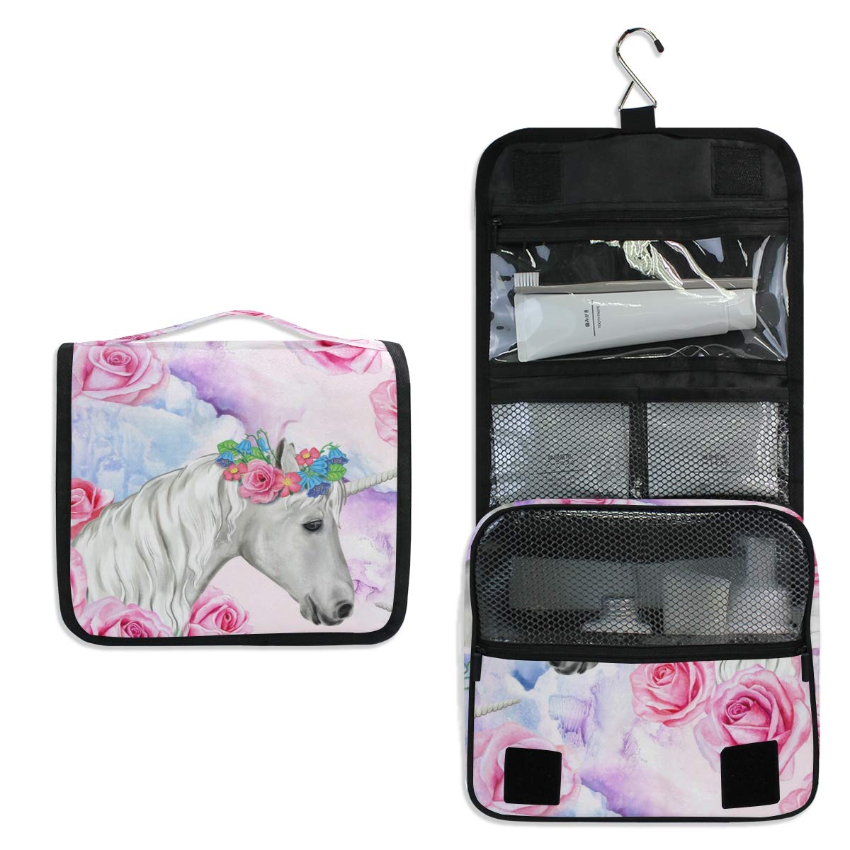 DOMIKING Hanging Travel Toiletry Bag - Waterproof Cosmetic Organizer for Women & Men, Pink Unicorn Roses Design, Portable Makeup Pouch for Bathroom, Gym, Camping & Vacation Essentials