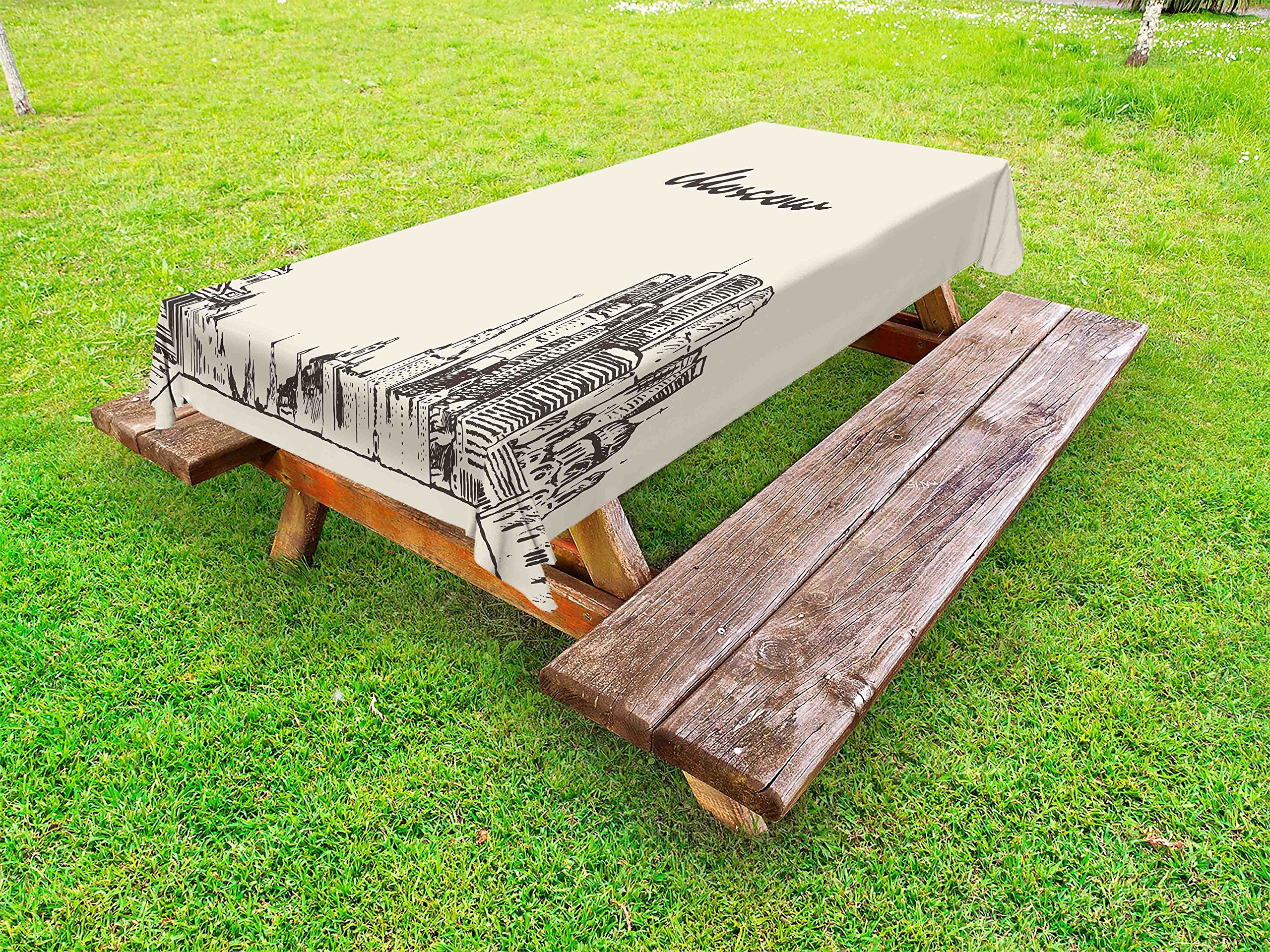 Ambesonne Vintage Russia Outdoor Tablecloth - Hand Drawn Moscow Skyline Silhouette Design, Washable Picnic Table Cover 58x104 Inches, Beige Dark Taupe - Perfect for Garden Parties, BBQs and Outdoor Dining Decor