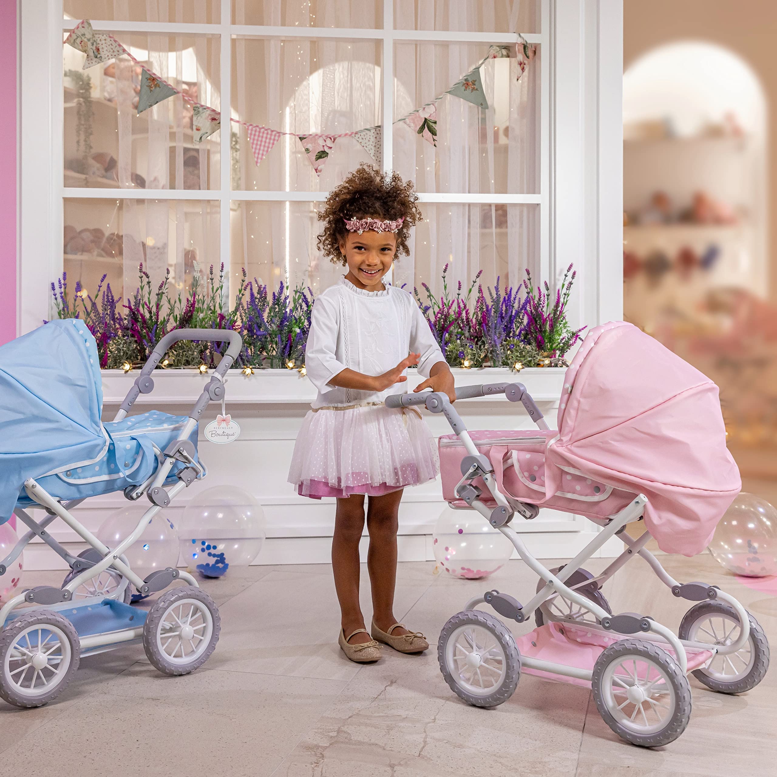 JC Toys Berenguer Boutique Deluxe Pink Foldable Baby Doll Stroller with Canopy & Removable Carry Basket - Perfect for Pretend Play, Role Play, and Gift for Girls Ages 3+ | Indoor & Outdoor Doll Accessories