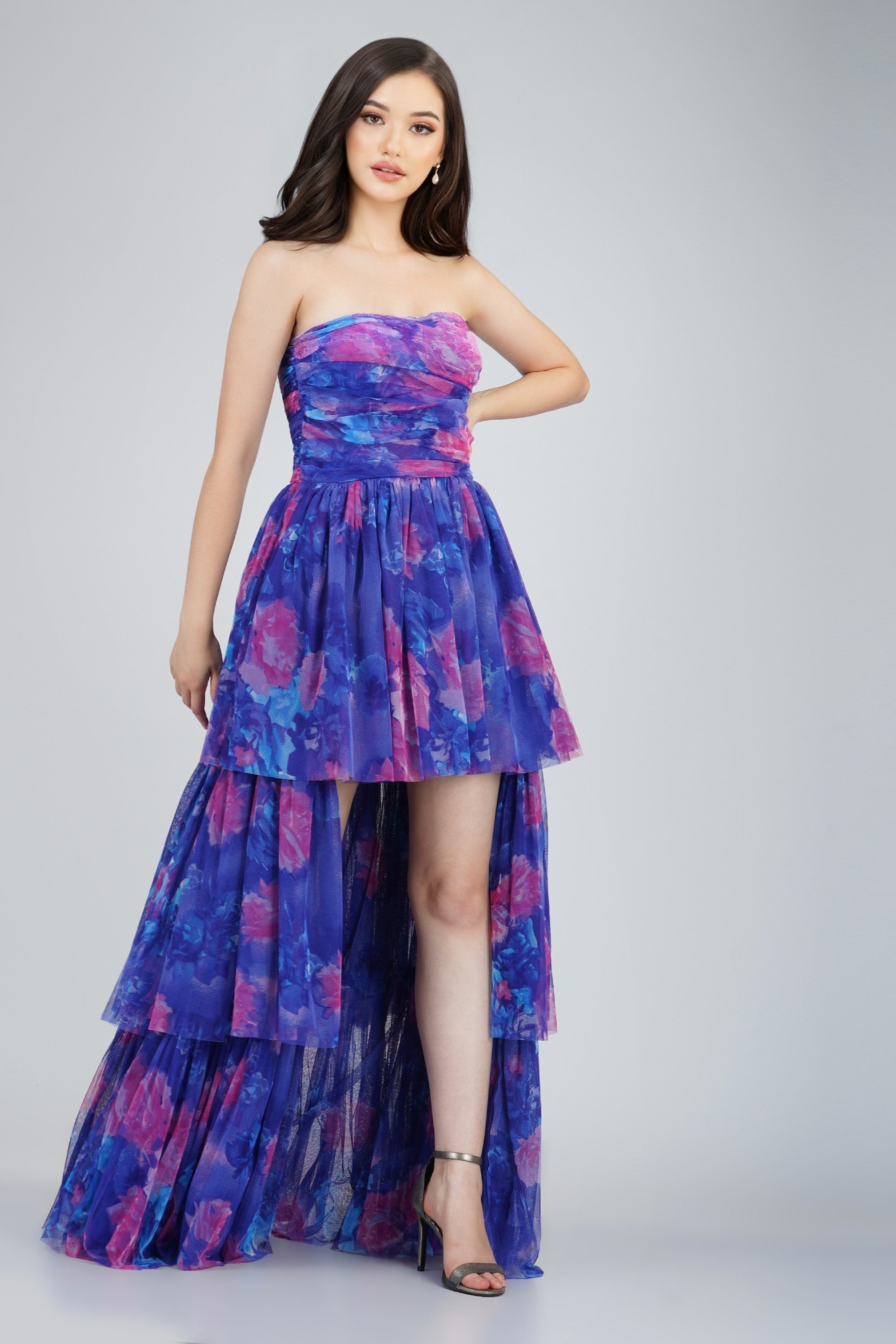 Shiloh High Low Tulle Dress - Blue Floral Print Formal Gown for Prom, Wedding & Special Occasions