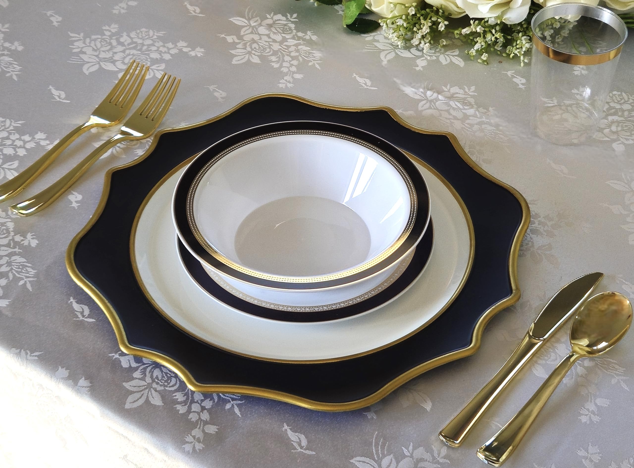 240-Pack Heavyweight Disposable Plastic Plates for Weddings & Parties - 10.5'' Elegant Ritz Black & Gold Dinner Plates - Perfect for Formal Events, Catering & Holiday Gatherings