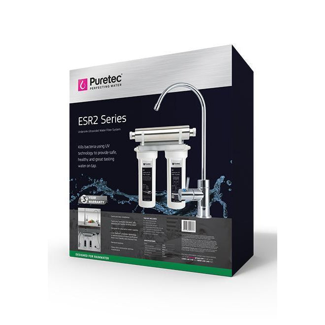 Puretec ESR2 Tripla Series Under Sink UV Water Filtration System with LED Mixer Faucet (7.5 LPM) - Removes 99.9% Bacteria for Clean Drinking Water | Perfect for Kitchen, RV & Off-Grid Living