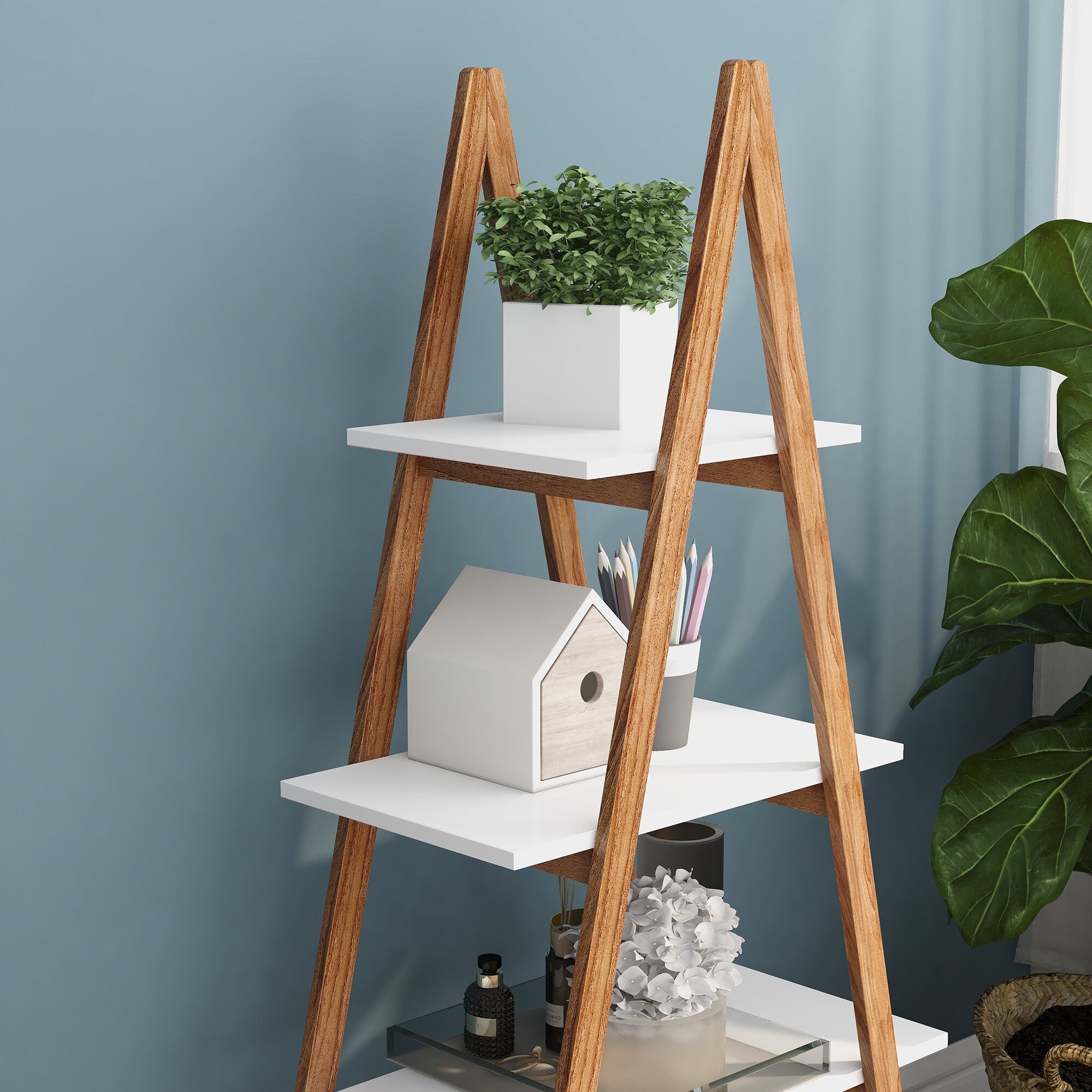 Wooden A-Frame Ladder Bookshelf - Rustic Display Shelf for Books, Plants & Decor - Perfect for Living Room, Bedroom, or Office Storage & Organization