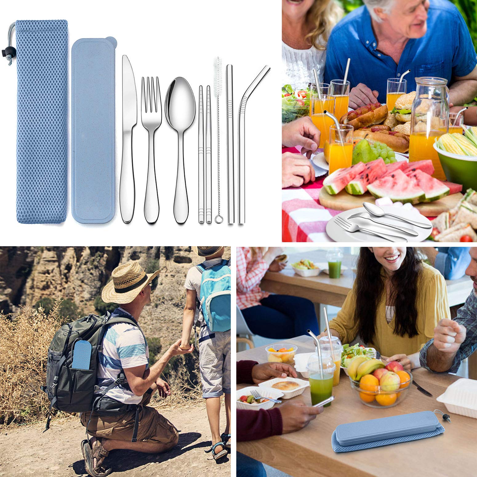 Premium 9-Piece Travel Utensil Set - Stainless Steel Knife, Fork, Spoon, Chopsticks & Metal Straws with Cleaning Brush | Compact Blue Case | Perfect for Camping, Picnics & On-the-Go Dining