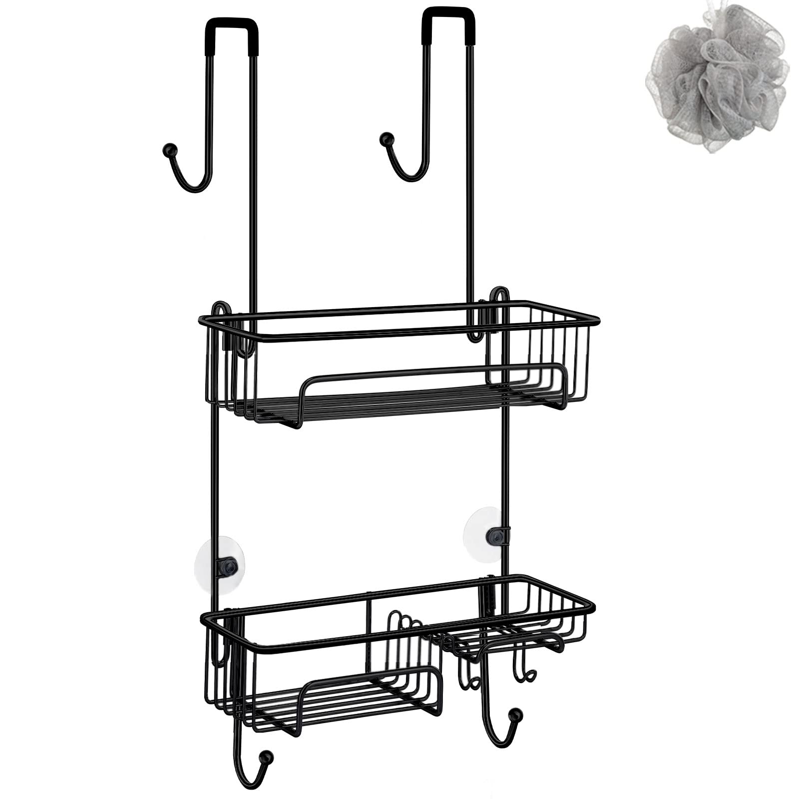 Rustproof Stainless Steel Shower Caddy - Over The Door Hanging Bathroom Organizer with Storage Basket & Hooks for Shampoo, Soap & Toiletries | Perfect for Dorm, Bathroom, Kitchen & Small Space Organization | Black