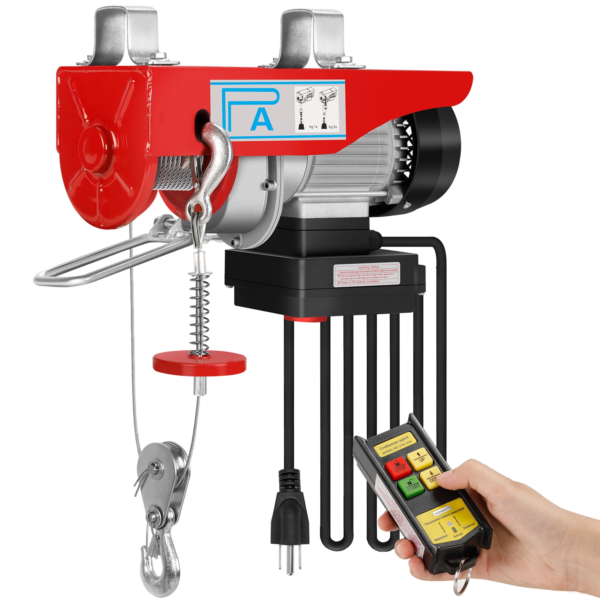 1320LBS Electric Hoist Winch with Wireless Remote Control - 1150W 110V Lifting System, 38ft Height Capacity for Garage, Ceiling Crane & Factory Use - Emergency Stop & Single/Double Slings - Heavy Duty Overhead Lifting Solution for Construction, Warehouse & Industrial Applications