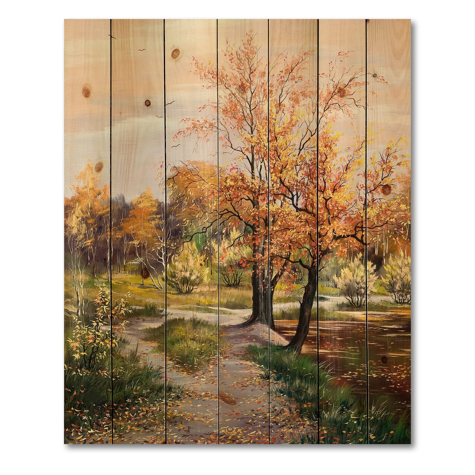 DesignQ Orange Woods River Country Wood Wall Decor - Large Yellow Landscape Wood Wall Art Panel Printed on Natural Pine - Perfect for Living Room, Bedroom & Office Decor