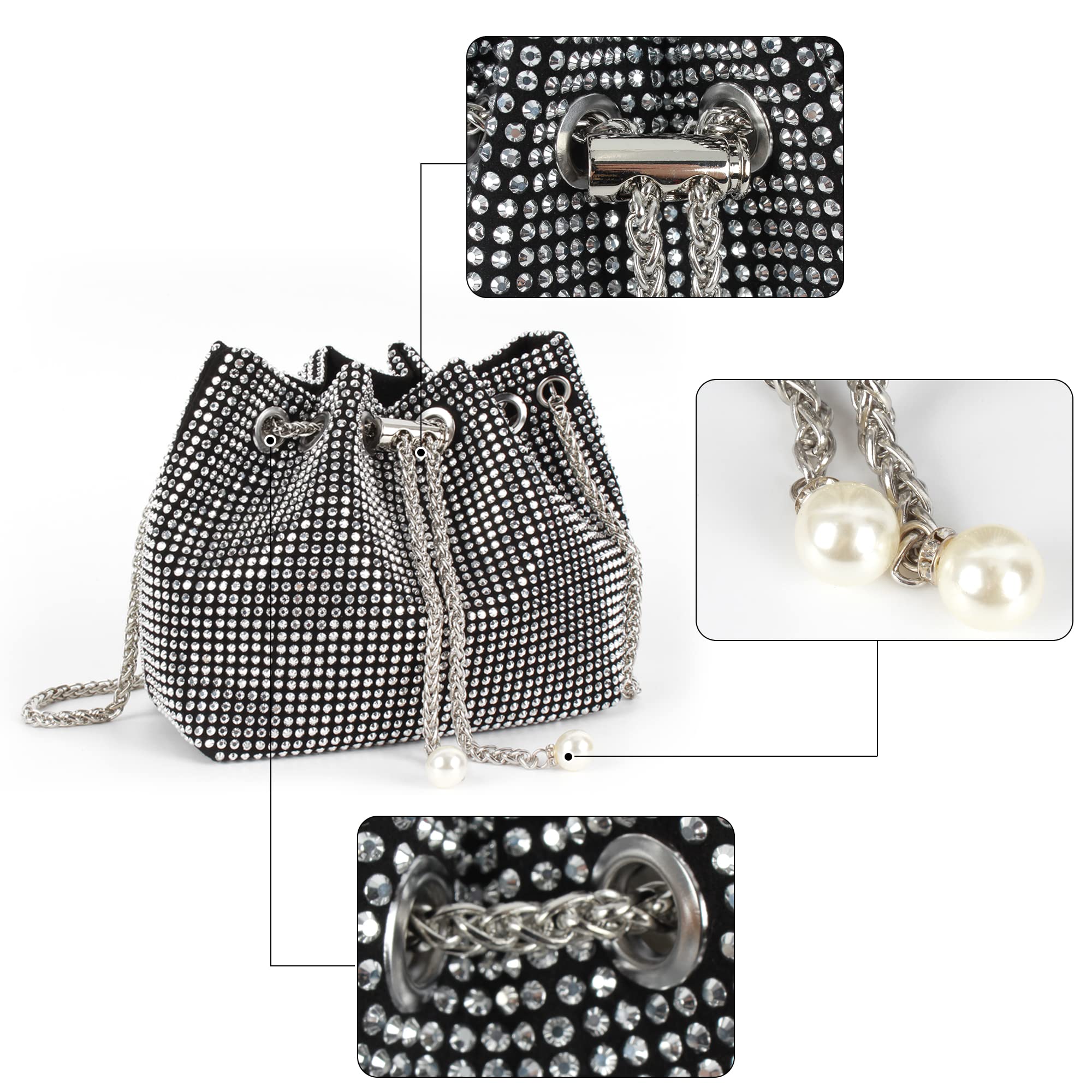 Sparkling Rhinestone Crystal Clutch Bag for Women - Elegant Drawstring Bucket Purse with Pearl Accents | Perfect for Evening Parties, Prom, Wedding & Special Occasions