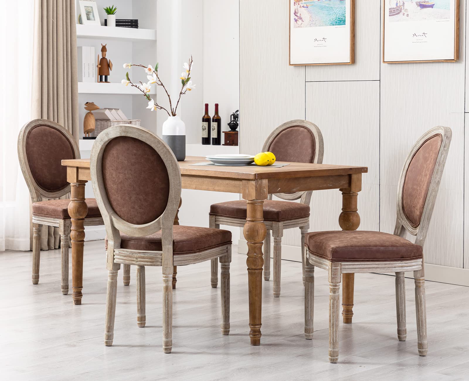 Kmax PU Leather Dining Room Chairs Set of 8 - French Farmhouse Style Round Back Kitchen Chairs for Living Room & Dining Area, Brown - Perfect for Home Decor, Family Gatherings & Entertaining Guests