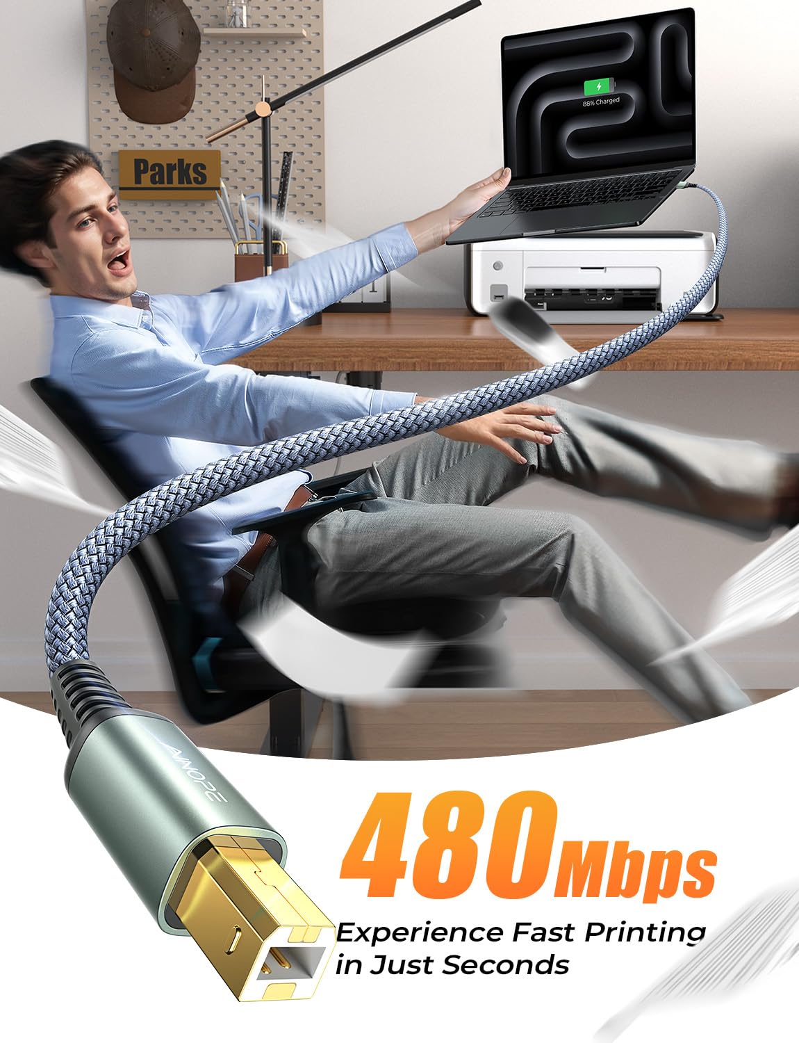 High-Speed AINOPE USB 2.0 Printer Cable (USB A to USB B) - 3.3ft Nylon Braided Durable Cable for HP, Canon, Brother, Dell, Epson, Lexmark Printers - Perfect for Office, Home & Studio Printing Needs