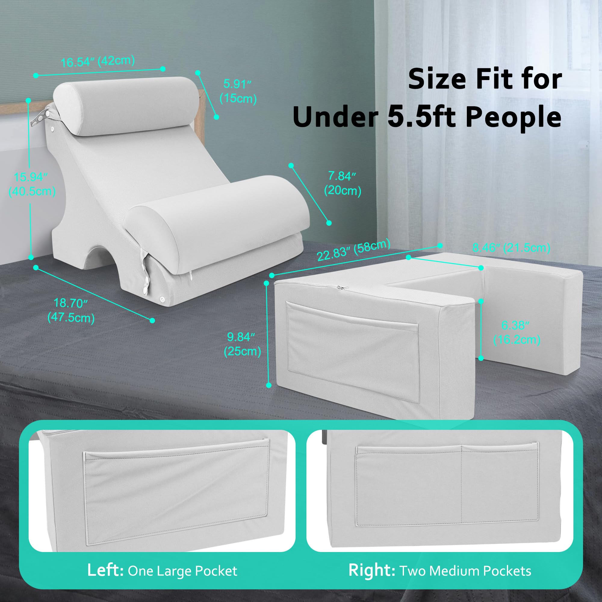 Adjustable Reading Pillow for Adults - 4PCS Bed Chair Pillow with Pockets for Reading, Gaming, Watching TV & Relaxing in Bed, Couch or Floor - 16
