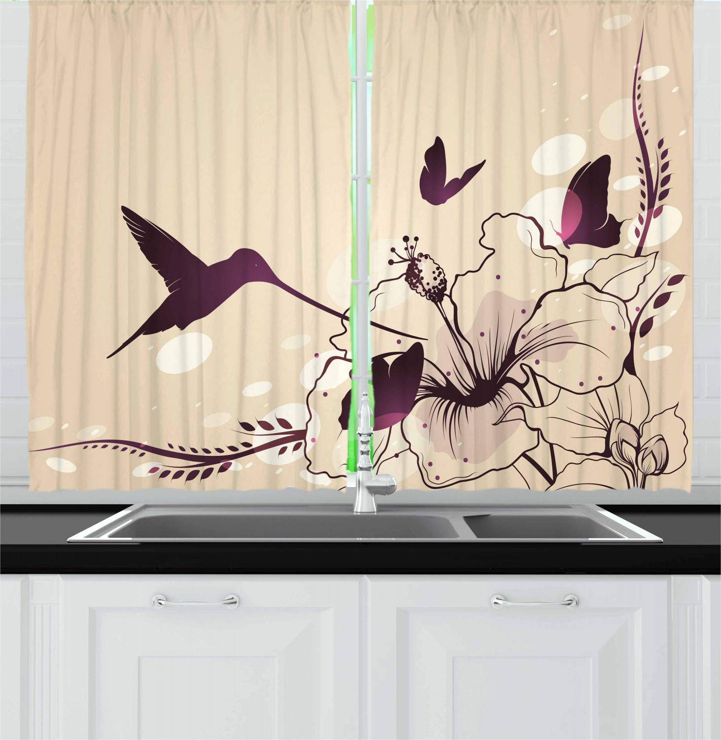Ambesonne Birds Kitchen Curtains - Flapping Tiny Hummingbird with Giant Flowers & Butterflies Window Drapes, 2 Panel Set 55
