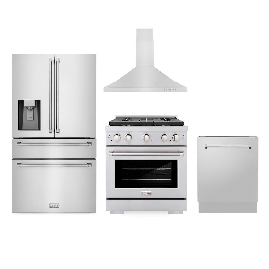 ZLINE 30-inch Stainless Steel Kitchen Appliance Package - 4KPRW Refrigerator with Water/Ice Dispenser, SGRRH30 Gas Range, 30