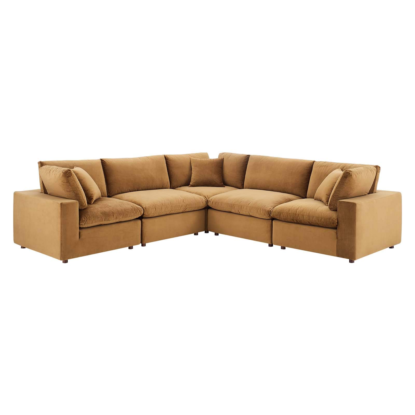 Modway Commix 5-Piece Sectional Sofa with Down Filled Overstuffed Cushions & Performance Velvet Upholstery in Cognac Brown - Perfect for Living Room, Family Room or Home Theater Seating