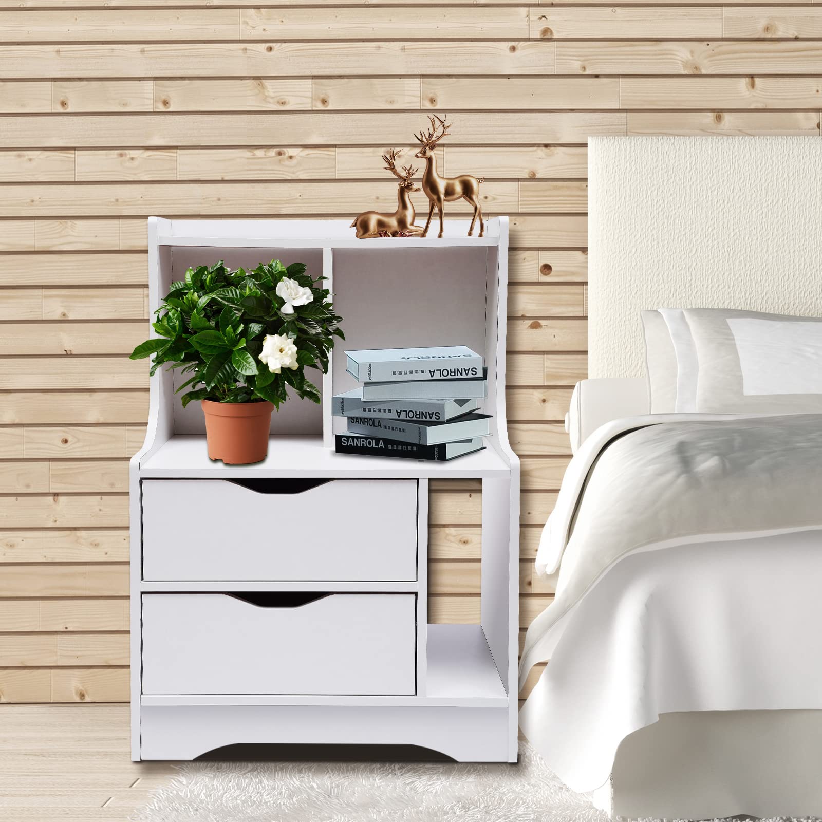 White Wood Nightstand with 2 Drawers - Bedside Table for Bedroom & Living Room Storage