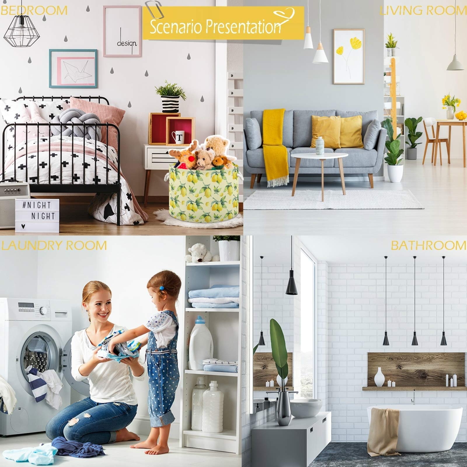 Visesunny Collapsible Storage Basket - Lemon Yellow Pattern Nursery Hamper for Clothes, Toys & Laundry | Foldable Organizer Bin for Kids Room, Playroom, Bathroom, Living Room, Dorm & Office | Perfect for Home Organization & Space Saving