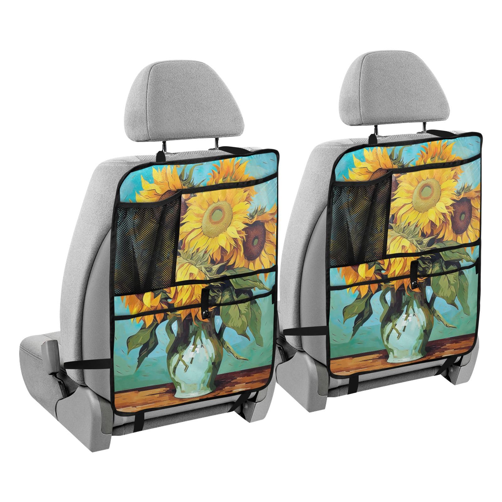 Sunflower Oil Painting Car Seat Protector with Storage Pockets - Waterproof Back Seat Kick Mats & Vehicle Organizer for Cars, SUVs, Trucks - Perfect for Family Road Trips & Pet Protection