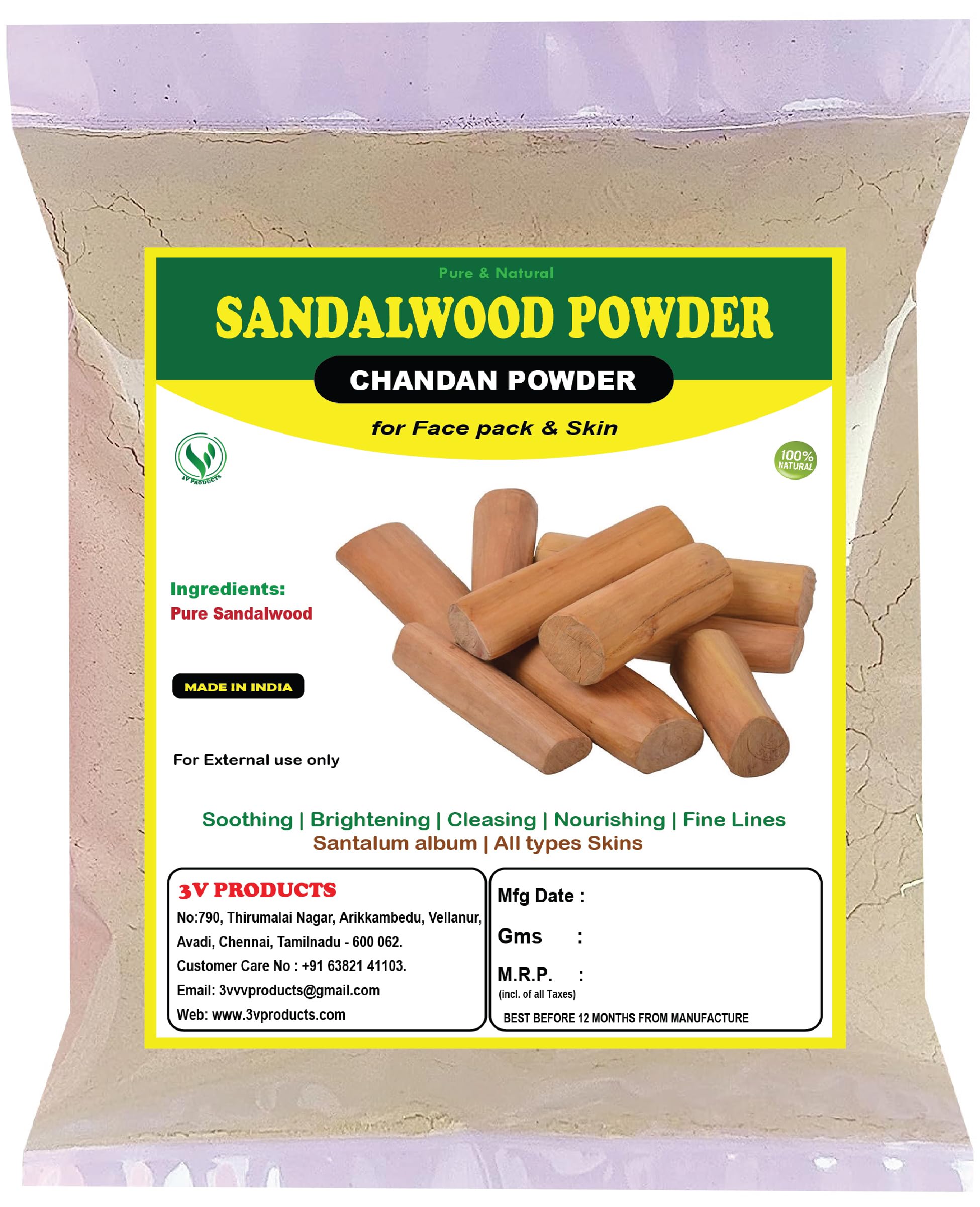 3V PRODUCTS Pure Sandalwood Powder 200g (2x100g Pack) | Natural Chandan Powder for Face & Skin Care | Brightening Facial Mask | Suitable for All Skin Types | DIY Beauty & Ayurvedic Skincare | Perfect for Spa Days & Holistic Skin Treatments