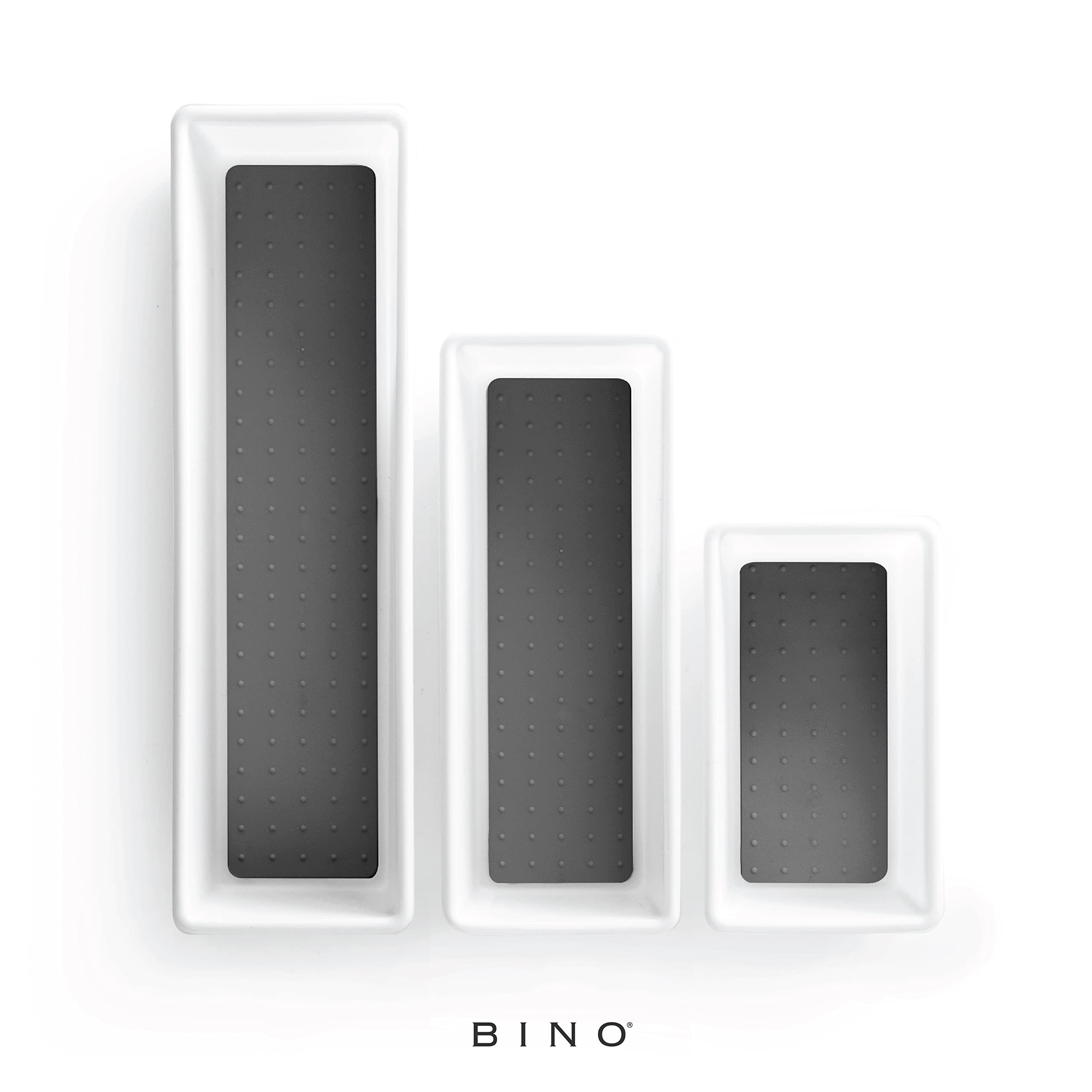 BINO 3-Piece Small White Drawer Organizer Set with Soft-Grip Lining & Non-Slip Feet | Modular Multi-Purpose Storage Bin | Durable BPA-Free Desk & Vanity Organizer | Perfect for Office, Bathroom, Bedroom & Kitchen Organization