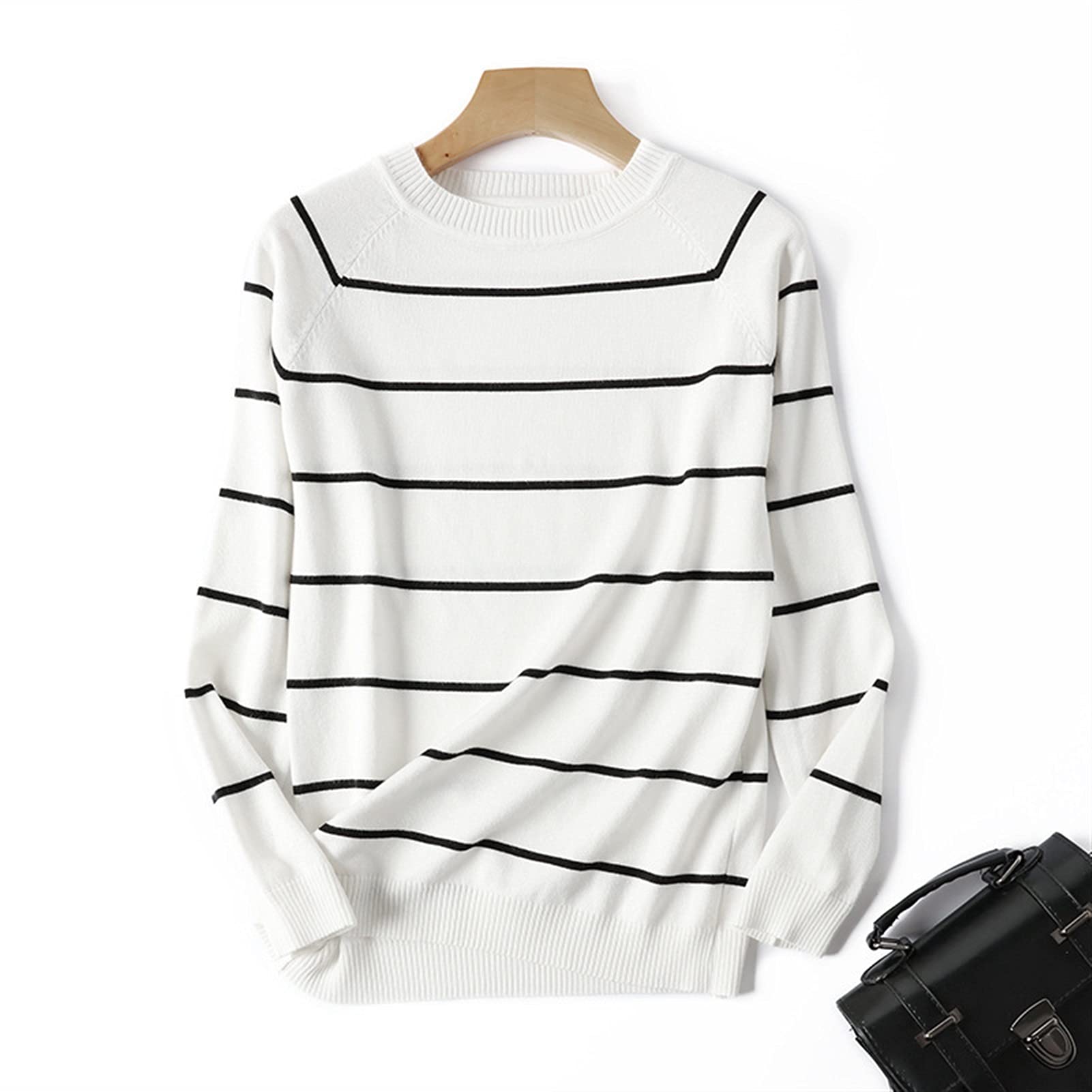 SVBBZC Women's Striped Knit Pullover Sweater - Long Sleeve Round Neck Jumper for Autumn & Winter | Cozy Casual Wear (Big White, Medium) | Perfect for Office, Dating & Weekend Outfits