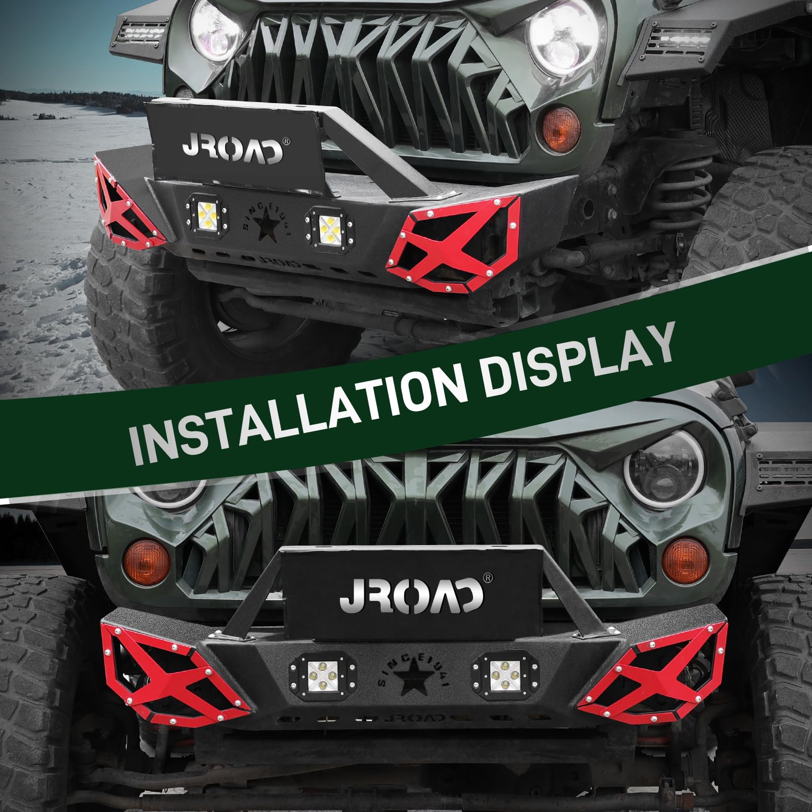 Stubby Front Bumper for Jeep Wrangler JK 2007-2018 (2/4 Door & Unlimited) with 2 LED Fog Lights & Winch Plate - Heavy Duty Steel, Textured Powder Coat - Perfect for Off-Roading & Trail Adventures