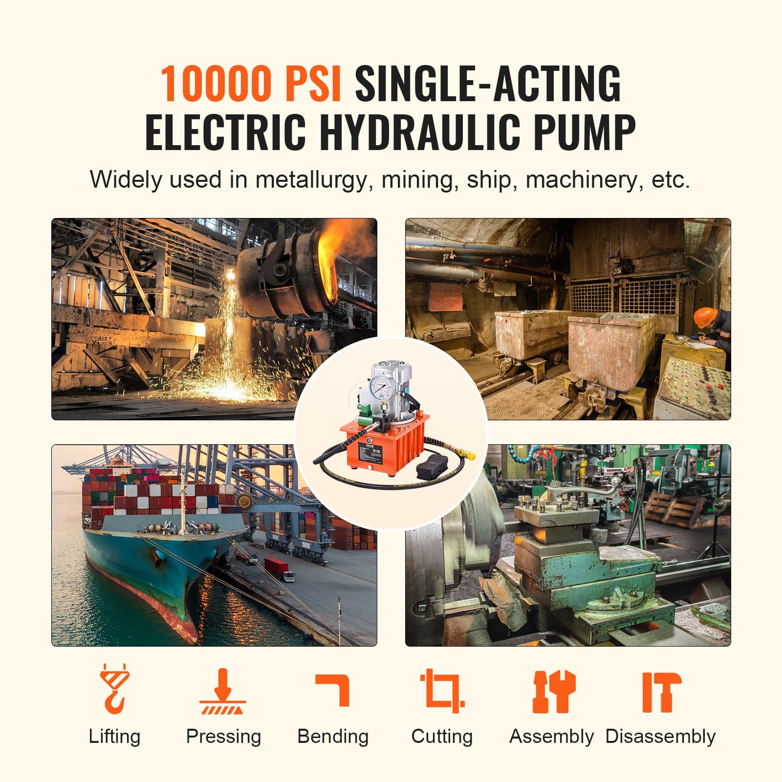 VEVOR 10000 PSI 750W 110V Electric Hydraulic Pump Power Pack Unit - 8L Capacity, Single Acting Solenoid Valve with Foot Pedal Switch - Ideal for Punching, Bending, Jack Machines & Heavy Duty Industrial Applications