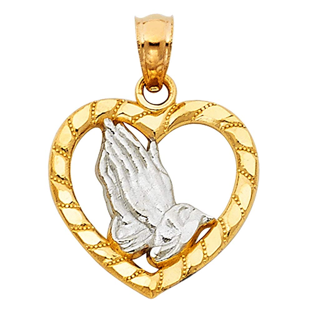 14K Yellow Gold and White Gold Praying Hands in Love Heart Pendant Necklace - 16x15mm Religious Jewelry Gift for Women, Perfect for Baptism, Wedding, Anniversary & Everyday Wear