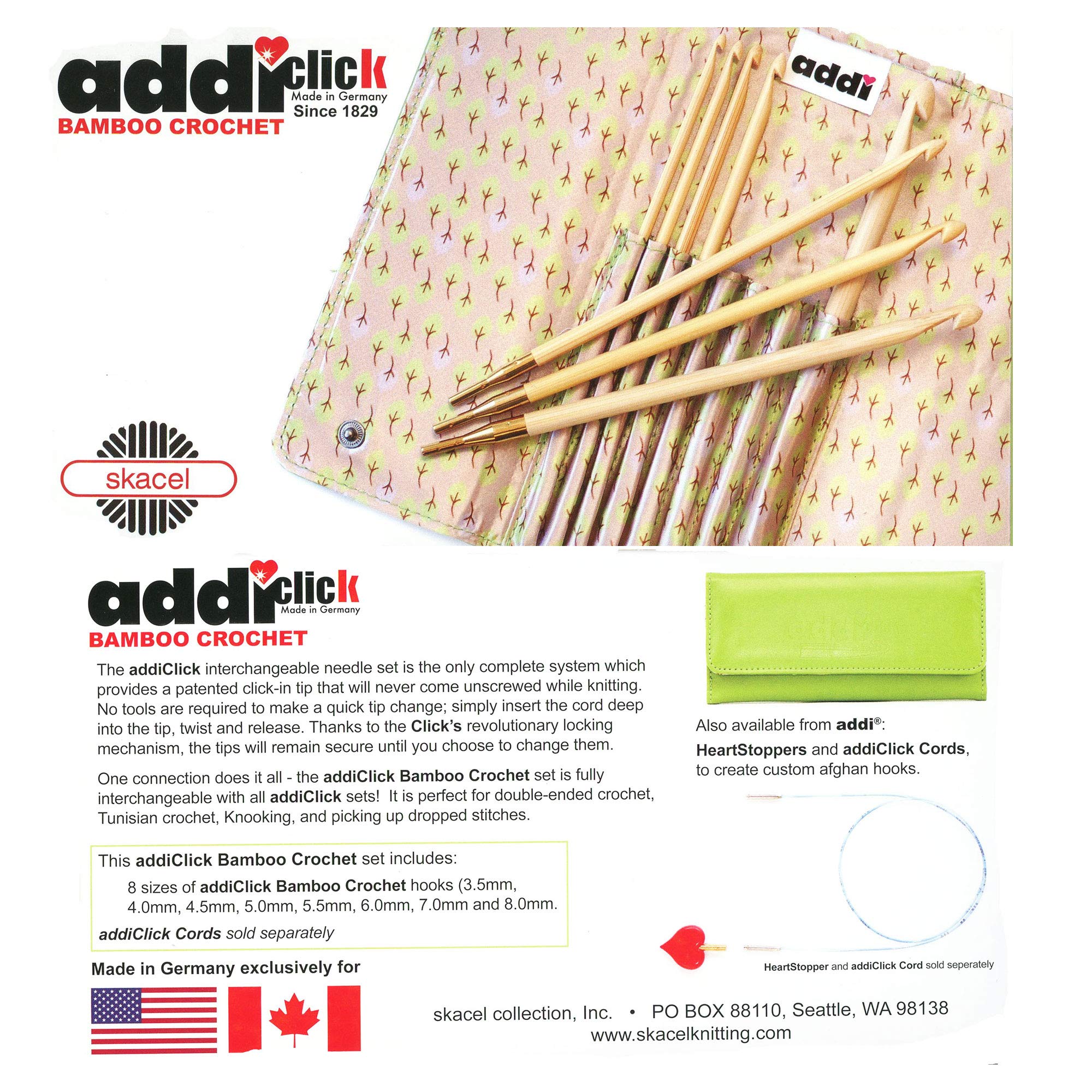 Addi Click Crochet Hook Set - 6.5 Inch (16cm) Interchangeable Bamboo Needles US Sizes E-L (E, F, G, H, I, J, K, L) | Compatible with All Click Systems | Includes Project Bag | Perfect for Crochet Projects, Knitting Accessories & Crafting Enthusiasts