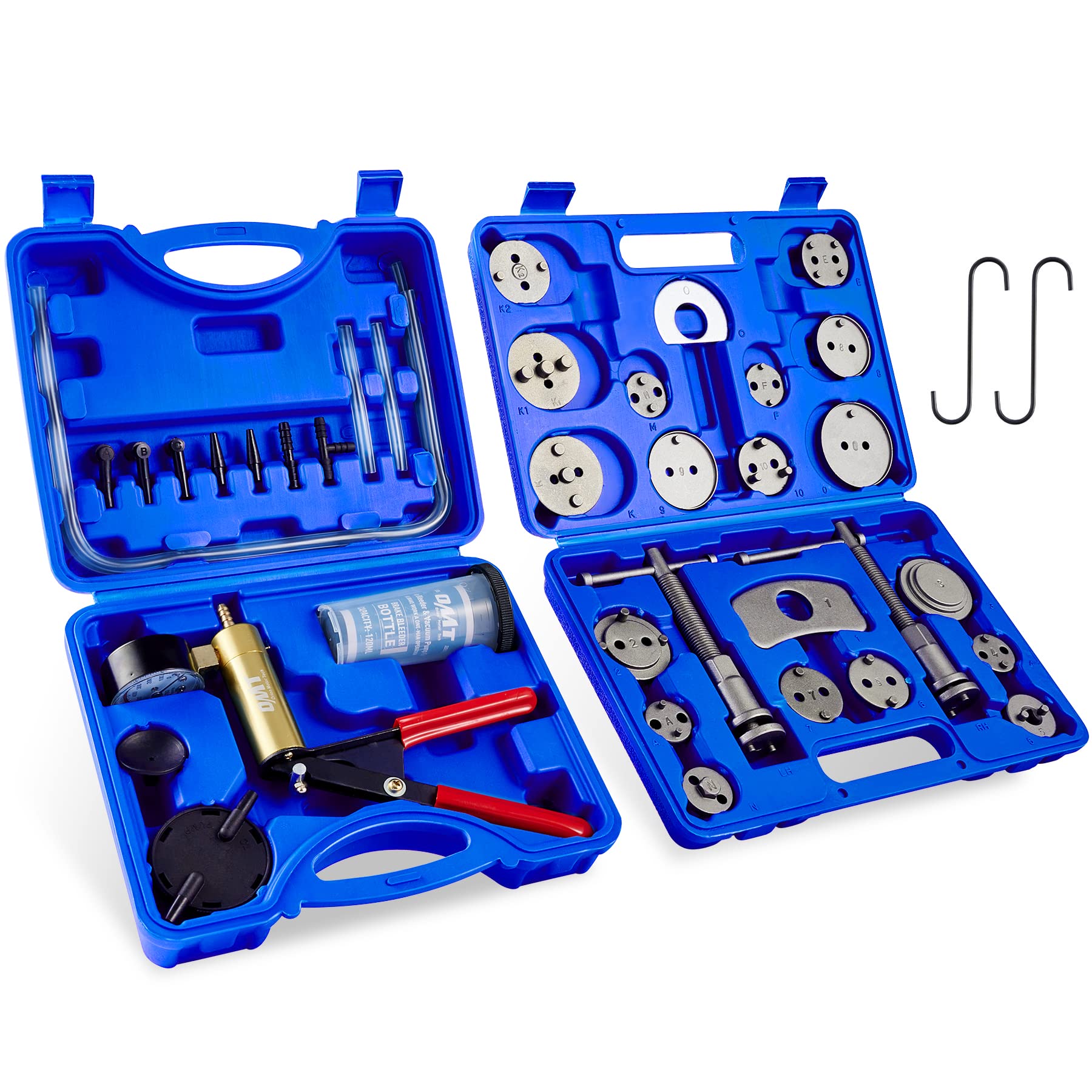 Orion Motor Tech 2-in-1 Brake Caliper Compression Tool & Brake Bleeder Kit - Handheld Vacuum Pump Brake Bleeder Set with Thrust Bolt Retaining Plates & 18 Adapters - Professional Disc Brake Pad Service Tool for Car, Truck & Motorcycle Maintenance