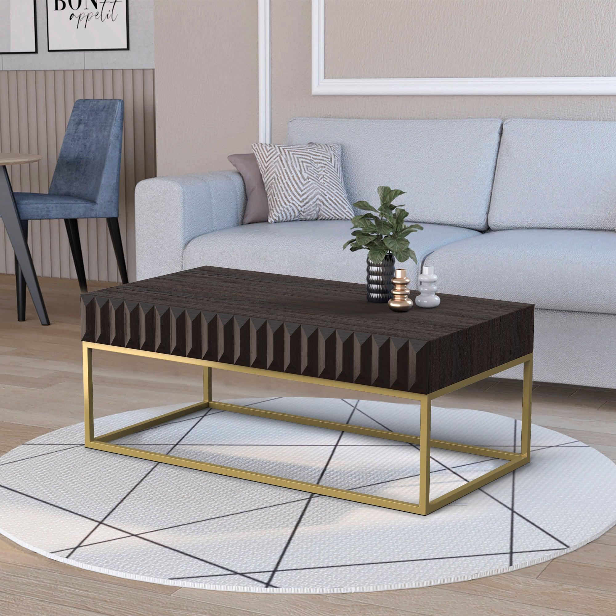 Walnut & Gold Textured Coffee Table with Hidden Drawers - Modern Living Room Furniture for Small Spaces & Home Decor