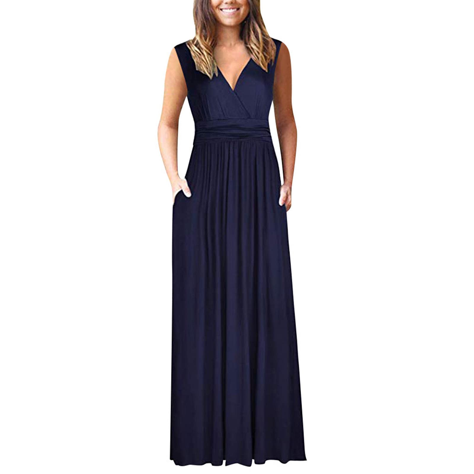 Women's Maxi Dresses Casual Elegant V-Neck Sleeveless Tank Dress with Pockets - Beach Wedding Guest Dress for Summer Vacation, Party & Special Occasions