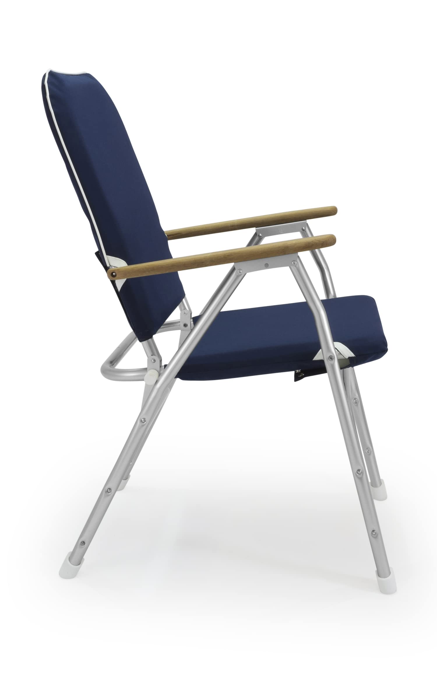 FORMA MARINE V100NB Navy Blue Boat Chair - Large Padded Folding Deck Chair with Aluminum Frame & Teak Armrests - Perfect for Yachts, Boats, and Outdoor Marine Use