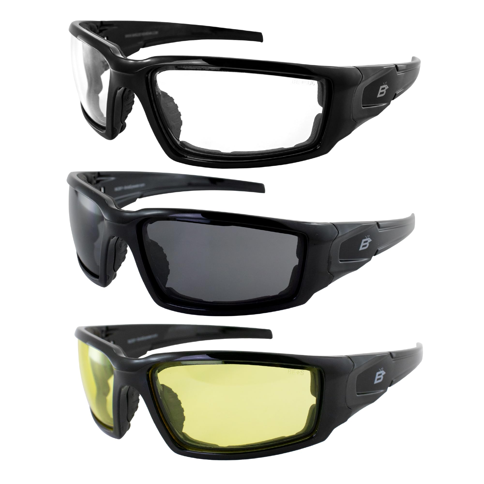 Birdz Eyewear Osprey Foam Padded Safety Motorcycle Sunglasses - 3 Pairs (Black Frames with Clear, Smoke & Yellow Lenses) - UV Protection for Riding, Cycling, Construction & Outdoor Work