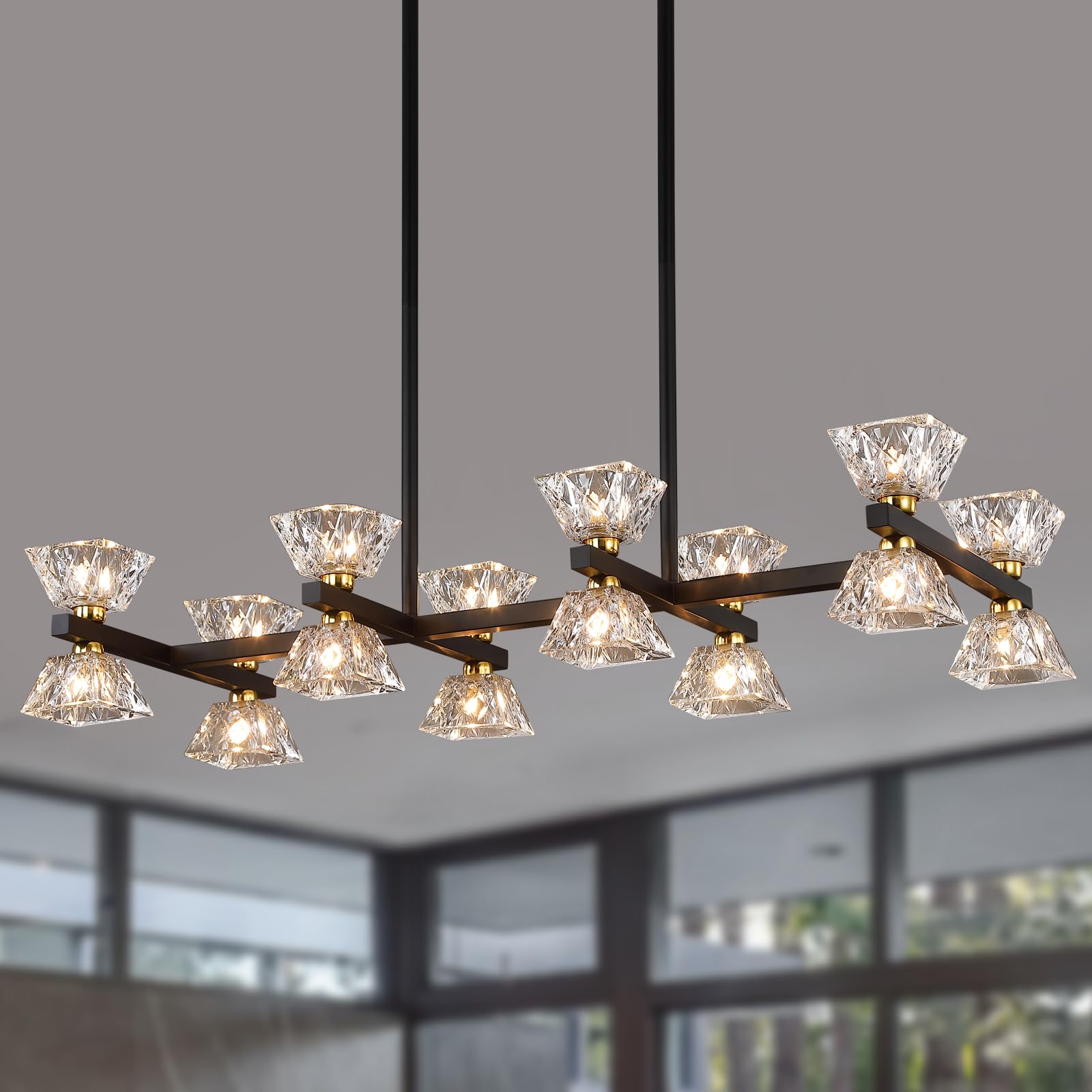 Modern Black Crystal Chandelier - 16-Light Farmhouse Rectangle Dining Room Lighting Fixture for Kitchen Island, Bar & Living Room | UL Listed | Elegant Home & Restaurant Decor