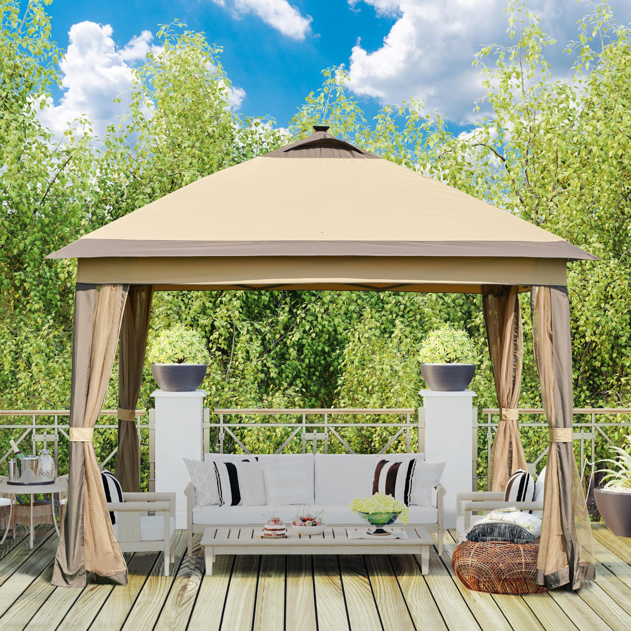Topeakmart 11x11Ft Outdoor Pop Up Gazebo Canopy with Mesh Netting & Solar LED Lights - Patio Garden Shade Shelter for Backyard, Camping, Picnics (Khaki & Brown)