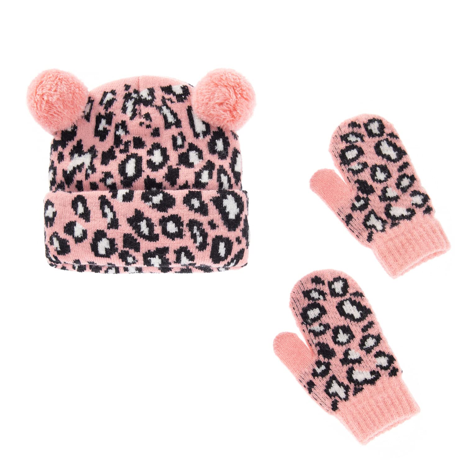Baby Leopard Beanie Hat and Mittens Set - Warm Knitted Skull Cap with Double Pompom & Gloves for Infants 0-3 Years - Perfect for Winter Outfits and Outdoor Adventures