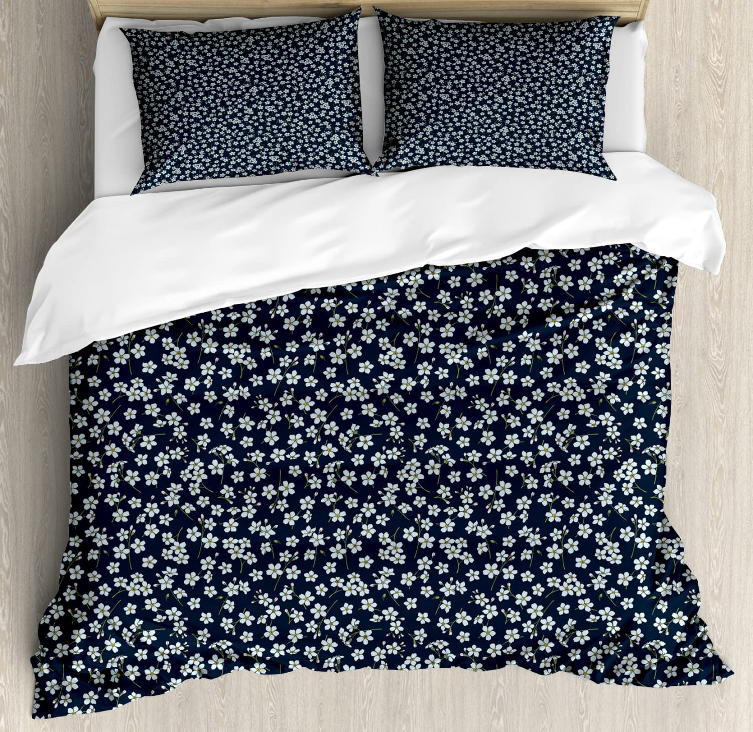 Ambesonne Daisy Duvet Cover Set - King Size 2-Pack with 2 Duvet Covers & 4 Pillowcases - Forget-Me-Not Flower & Chamomile Bloom Gardening Pattern in Pale Blue & Petrol Blue - Perfect for Bedroom Decor, Guest Room, and Farmhouse Style Home Decor