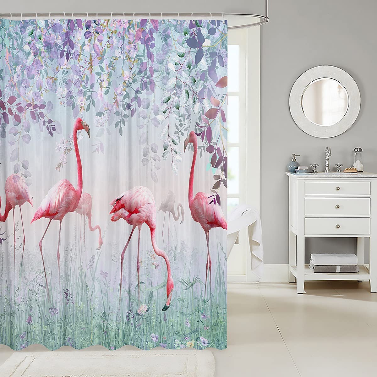 Pink Flamingo Shower Curtain with Tropical Leaves - Waterproof Polyester Bathroom Decor for Kids & Adults, 72x72 Inches - Perfect for Bathroom Stalls, Bathtubs, and Beach-Themed Decor