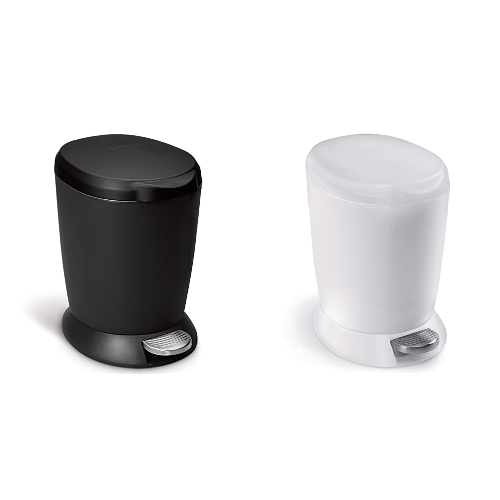 simplehuman 6 Liter Round Plastic Bathroom Trash Can Bundle - Black & White | Small Waste Bin for Bathroom, Bedroom, Office & Kitchen | Space-Saving Garbage Can