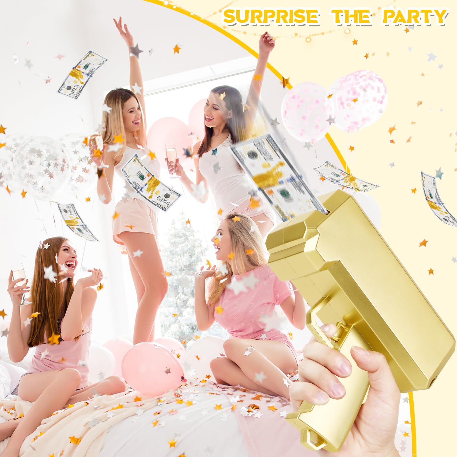 Gold Money Gun Shooter Toy - 201 PCS Fake Money Props with 5 Style Stickers & 4 AA Batteries Included | Handheld Money Thrower for Party Supplies, Birthday Celebrations & Bachelorette Events | Non-Functional Fake Gun for Make It Rain Theme Parties