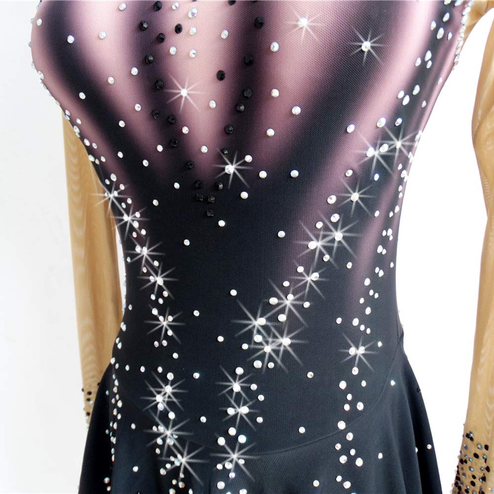Elegant Black Gradient Ice Skating Dress with Beaded Long Sleeves - Competition & Performance Figure Skating Costume for Women & Girls - Perfect for Ice Shows, Competitions, and Roller Skating Events