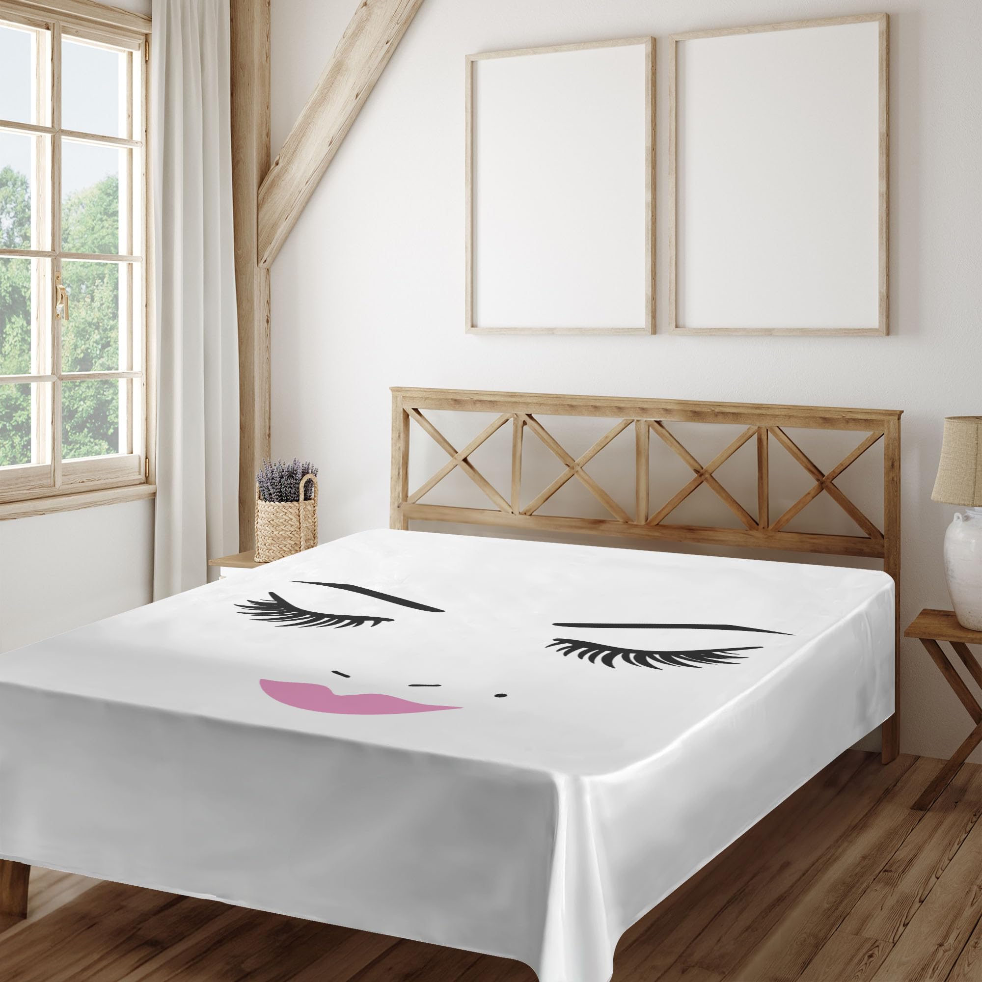 Ambesonne Queen Size Eyelash Flat Sheet - Pink Lipstick Glam Makeup Design, Soft & Comfortable Decorative Bedding (1 Piece, Fuchsia Black White) | Perfect for Beauty Themed Bedrooms, Girls' Rooms & Makeup Lovers