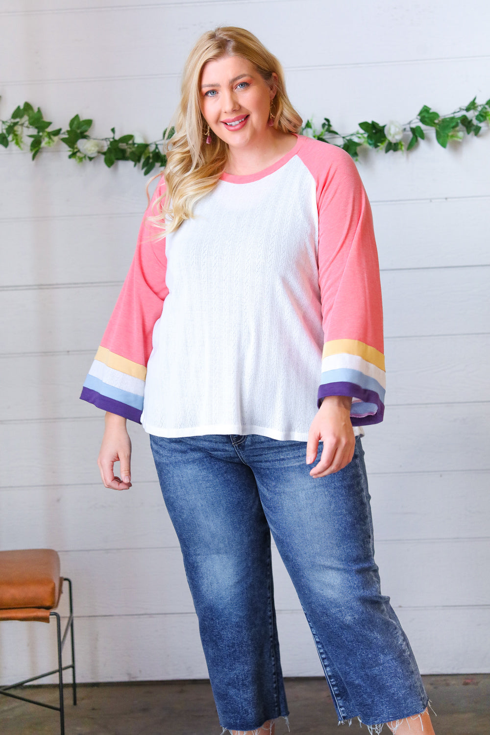 Stylish Pink Pointelle Color Block Wide Sleeve Pullover Sweater | Women's Fashion Knit Top | Perfect for Casual Outings & Layering