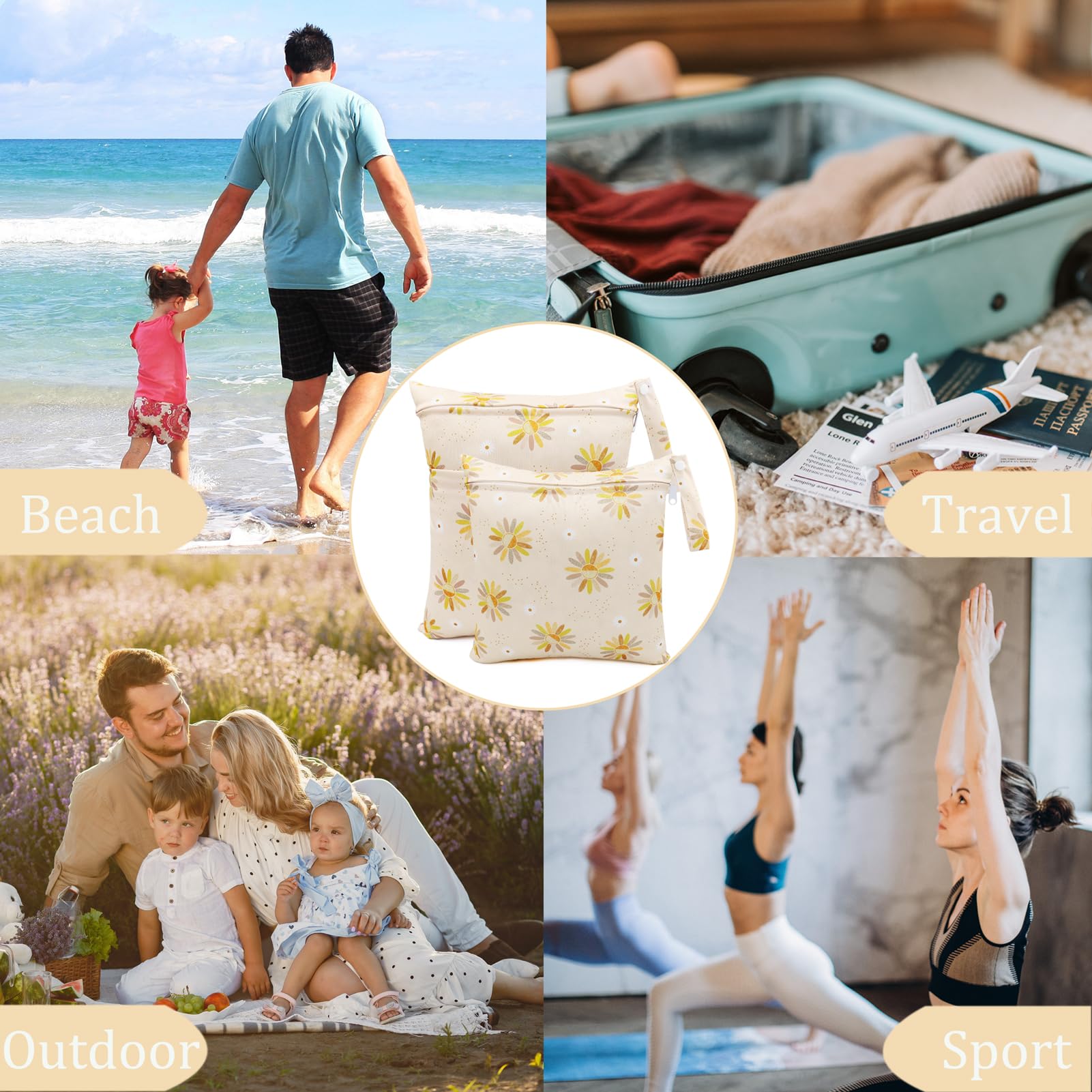 **3-Pack Reusable Waterproof Wet Bags for Diapers - Washable Hanging Wet/Dry Organizer, Travel & Pool Essentials for Baby (Yellow Flower)** - Perfect for Daycare, Swimming, and On-the-Go Diaper Changes
