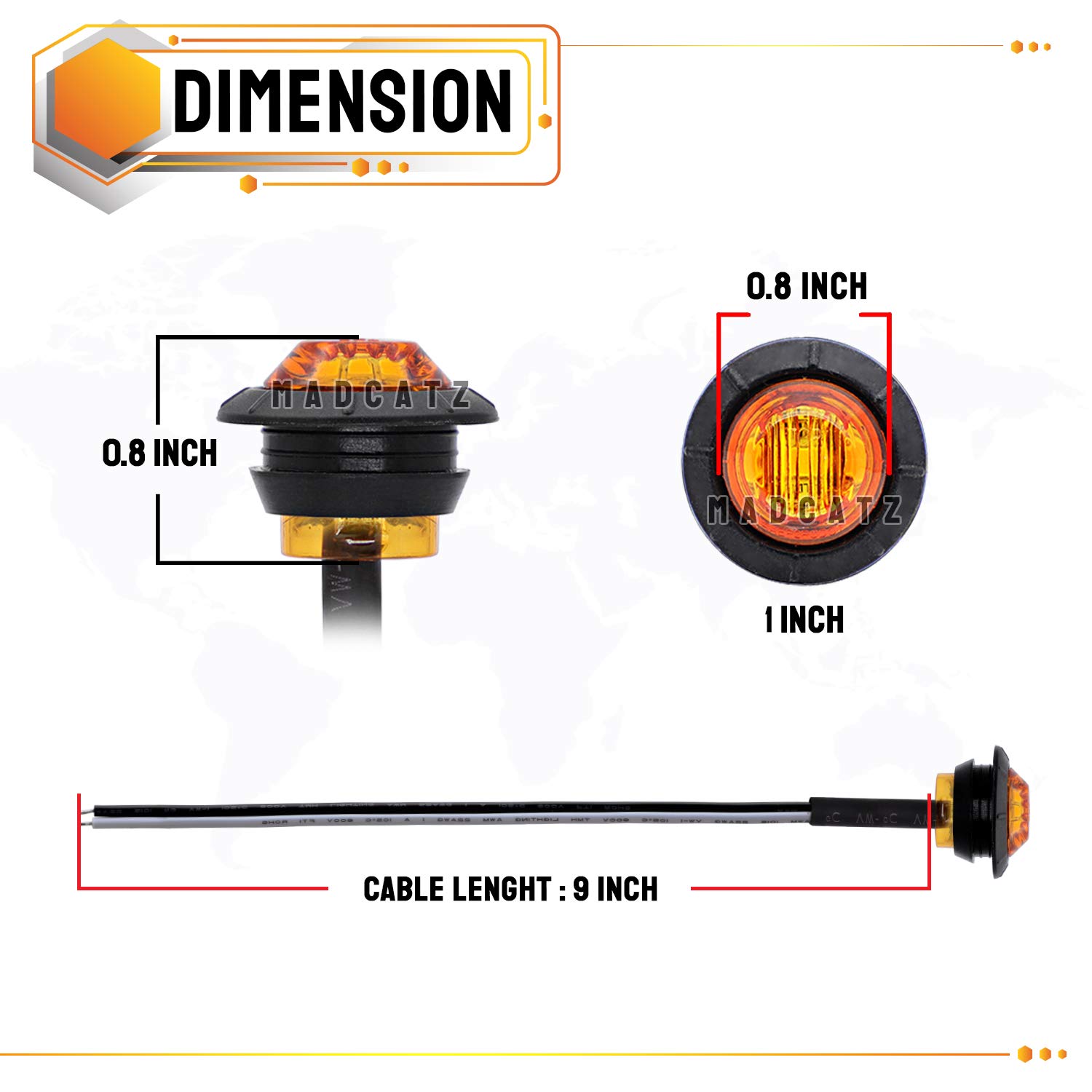 MADCATZ 3/4 Inch Round Side Marker Lights - Amber/Red 3LED for Trucks, Trailers, Boats & Buses - 12V DC Pack of 200 - Durable Vehicle Safety Lights for Night Visibility & Road Compliance
