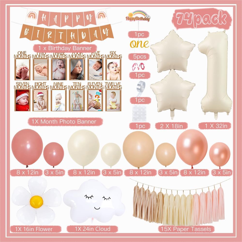 Groovy Boho First Birthday Decorations for Girls - Baby Month Photo Banner, Beige Number 1 Foil Balloon & Rainbow Cake Topper - Perfect for 1st Birthday Parties & Baby Showers