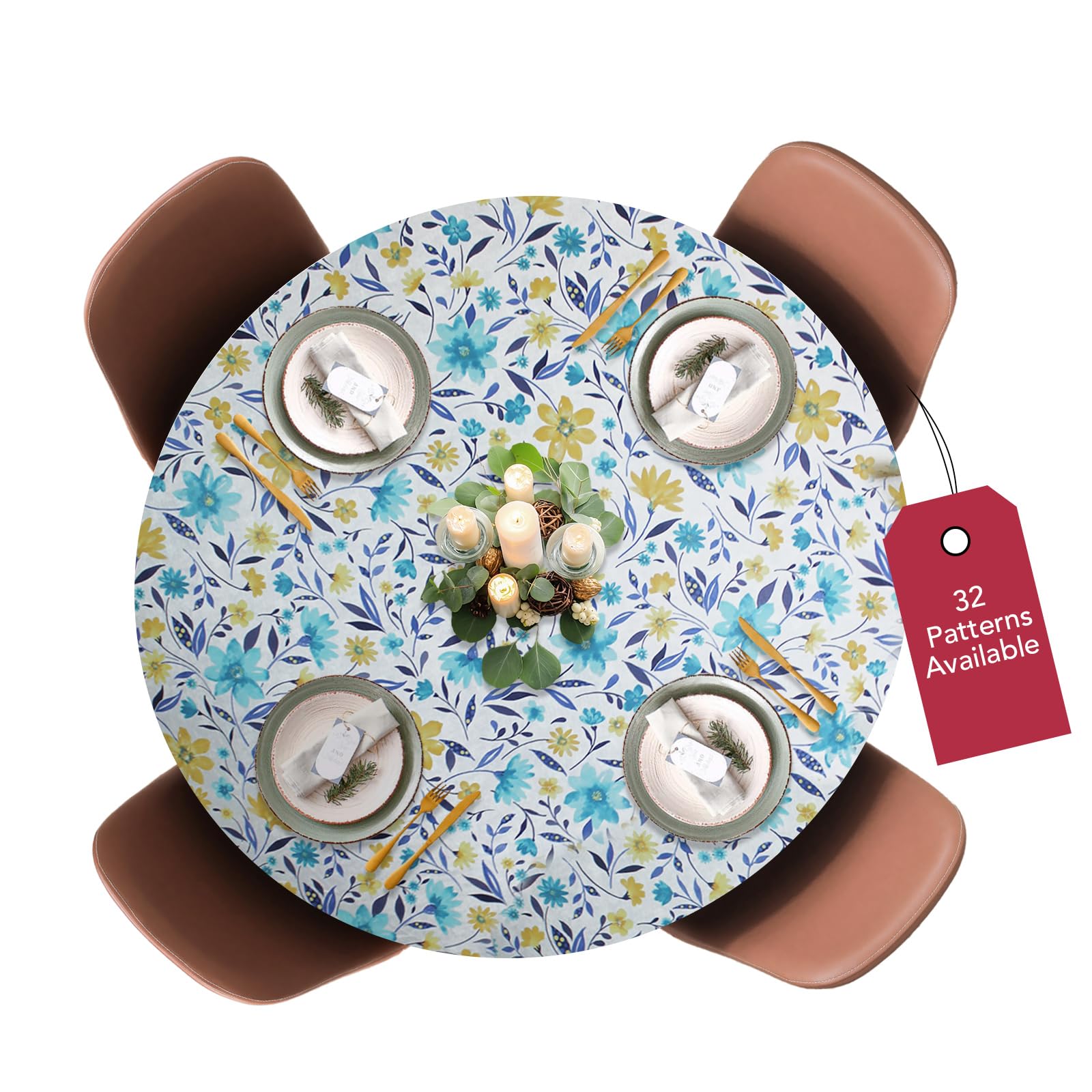 Premium Elastic Flannel-Backed Vinyl Tablecloth - Floating Floral Design for Round, Oblong & Oval Tables (Fits 45