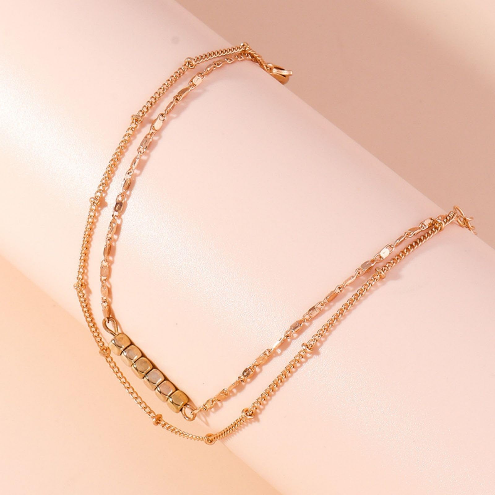 Women's Gold Wrap Bracelet & Anklet - Flat Bottom Sailor Chain with Six Beads, Double Ankle Chain Jewelry for Teachers | Perfect for Beach, Office & Everyday Wear